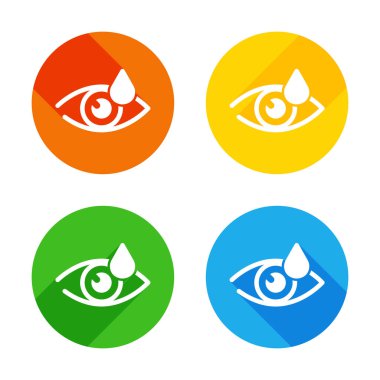 Göz ve bırak. Basit simgesi. Renkli daireler arka plan düz beyaz simgesi. Dört farklı uzun gölgeler her köşe