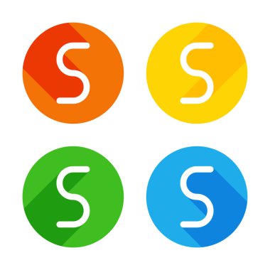 Sayı beş, sayısal, basit mektup. Renkli daireler arka plan düz beyaz simgesi. Dört farklı uzun gölgeler her köşe