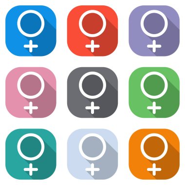 cinsiyet sembolü. Doğrusal sembolü. basit kadınlar simgesi. Beyaz simgeleri uygulamalar için renkli kareler olarak ayarlayın. Sorunsuz imkanı ve desen poster için