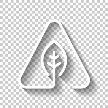 Eko yaprak uyarı üçgeni içinde. ekoloji ile sorun. Doğrusal sembolü ile ince anahat. bir çizgi stili. Gölge şeffaf arka plan üzerinde beyaz simgesi