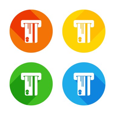 ATM makine ve kredi kartı. basit siluet. Renkli daireler arka plan düz beyaz simgesi. Dört farklı uzun gölgeler her köşe