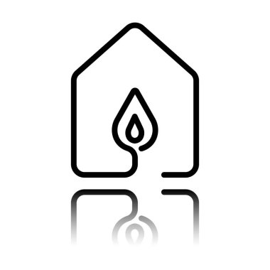 ateş ile ev simgesini alevler. çizgi stili. Siyah beyaz arka plan ayna yansıması simgesiyle