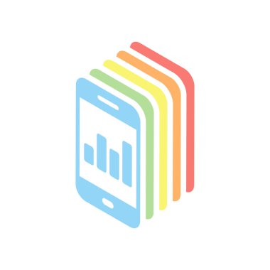 Ekonomi grafik, cep telefonu. Beyaz arka plan üzerinde renkli izometrik simgeler yığını