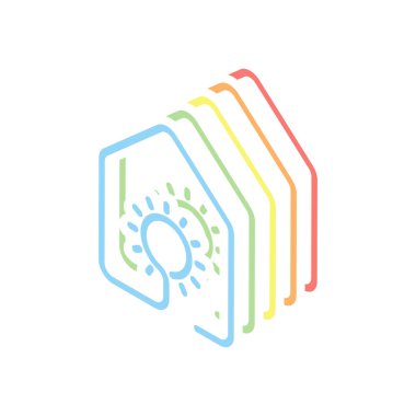 güneş veya ışık lamba simgesi olan ev. çizgi stili. Beyaz arka plan üzerinde renkli izometrik simgeler yığını