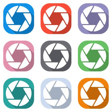 Kamera objektif. basit siluet. Beyaz simgeleri uygulamalar için renkli kareler olarak ayarlayın. Sorunsuz imkanı ve desen poster için