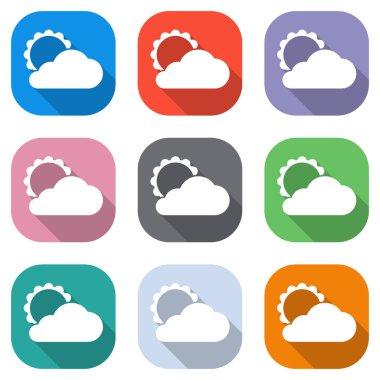 Güneş ve bulut. Beyaz simgeleri uygulamalar için renkli kareler olarak ayarlayın. Sorunsuz imkanı ve desen poster için