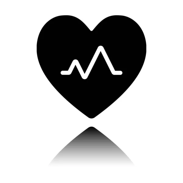 心臓パルス 心とパルス線 単純な つのアイコン 白い背景の上の鏡の反射と黒のアイコン — ストックベクタ