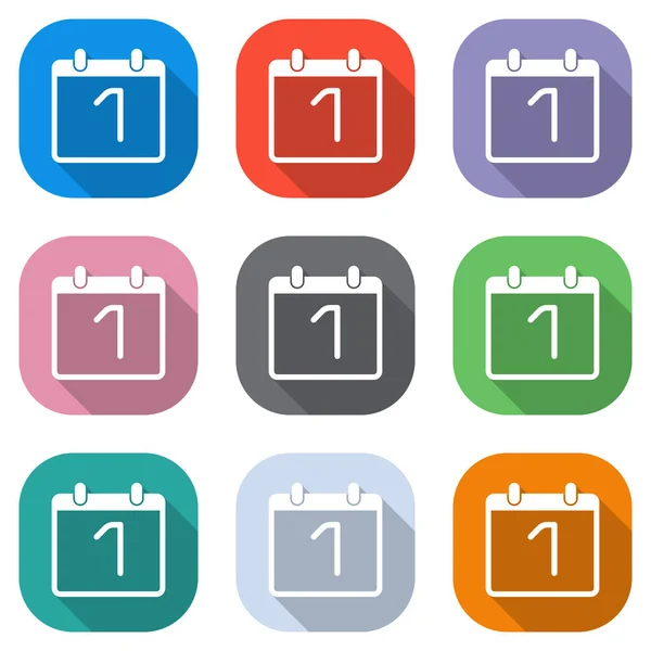 Calendario Con Día Icono Simple Conjunto Iconos Blancos Cuadrados Colores — Vector de stock