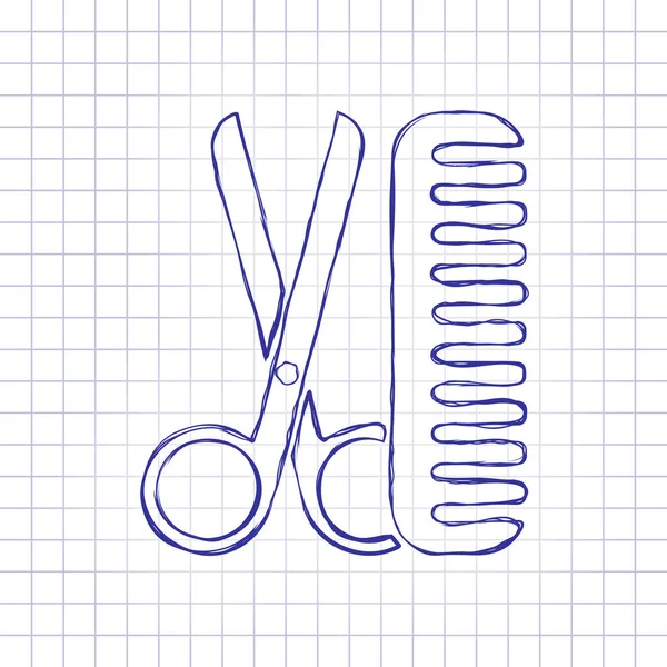 Scissors Hairbrush Tools Barber Hand Drawn Picture Paper Sheet Blue — Stock Vector