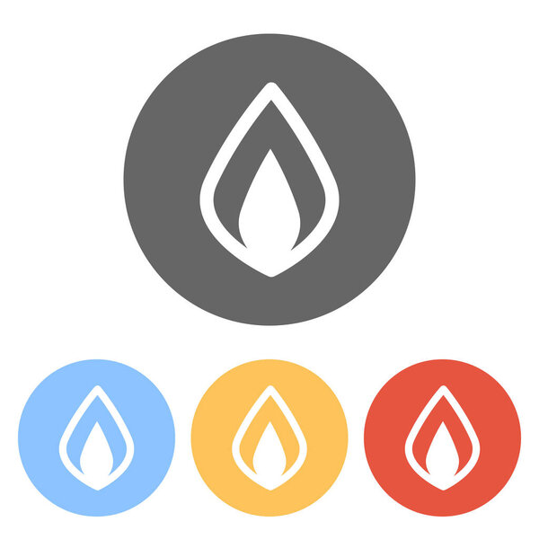 Simple fire flame icon. Set of white icons on colored circles