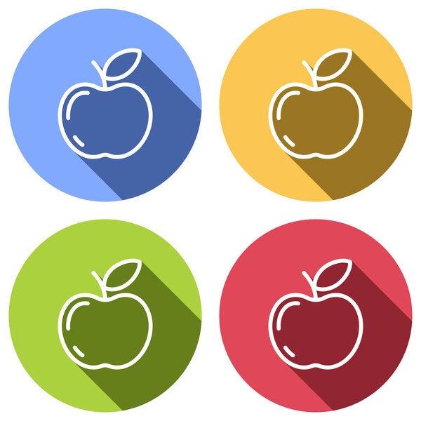 Simple apple icon. Outline silhouette. Set of white icons with long shadow on blue, orange, green and red colored circles. Sticker style