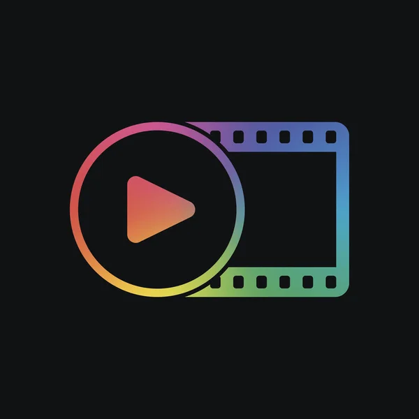Filmstreifen Mit Spielsymbol Kreis Einfache Silhouette Regenbogenfarbe Und Dunkler Hintergrund — Stockvektor