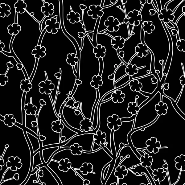 Sakura ağacının çiçekleri ile anahat. Sonsuz kıvırcık dalları. Siyah arka plan ile Seamless modeli