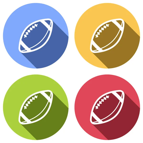 Amerikan futbolu logosunu görmeniz gerekir. Basit rugby topu simgesi. Mavi, turuncu, yeşil ve kırmızı renkli daireler uzun gölge ile beyaz simgeler kümesi. Etiket tarzı