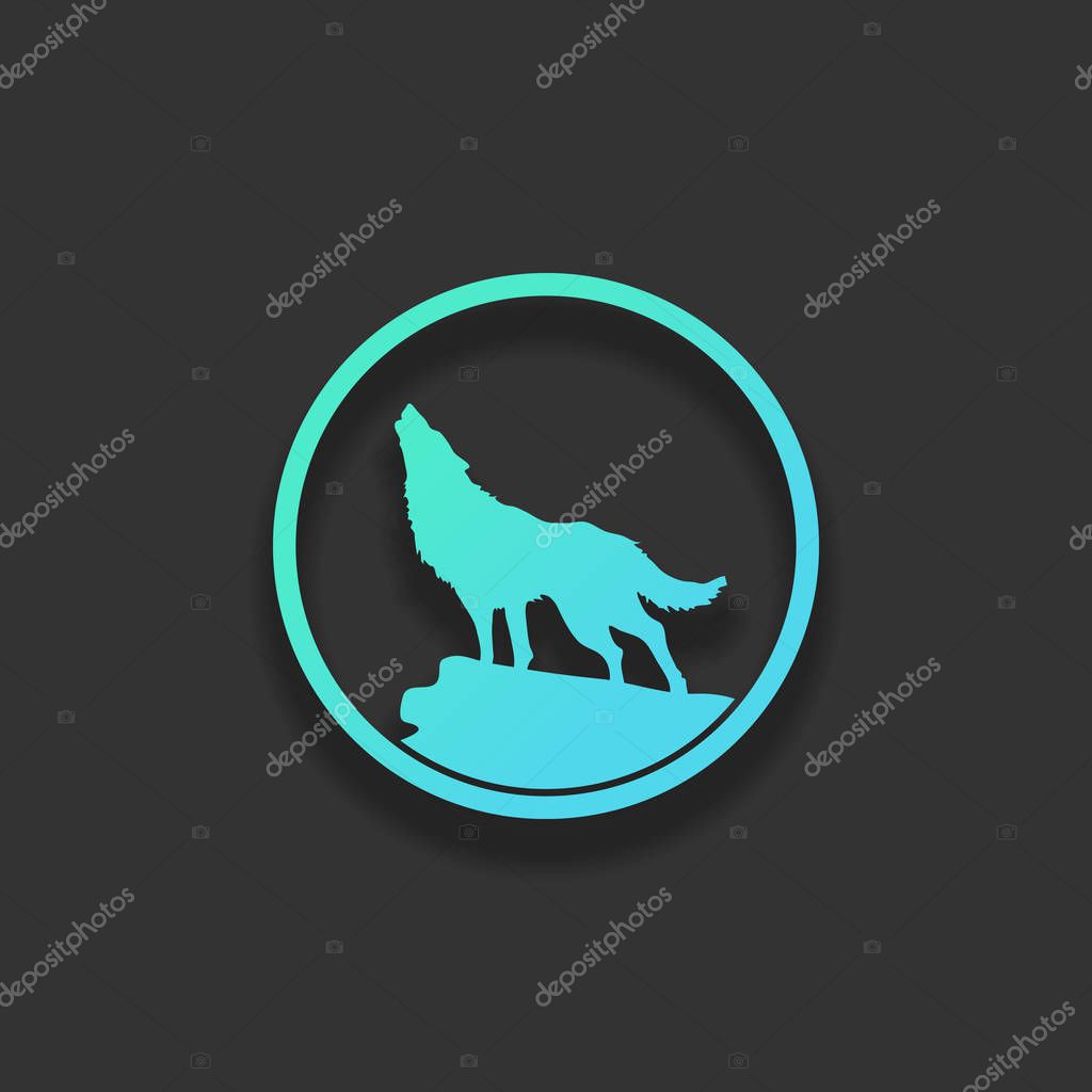 Wolf. simple icon. Colorful logo concept with soft shadow on dark background. Icon color of azure ocean