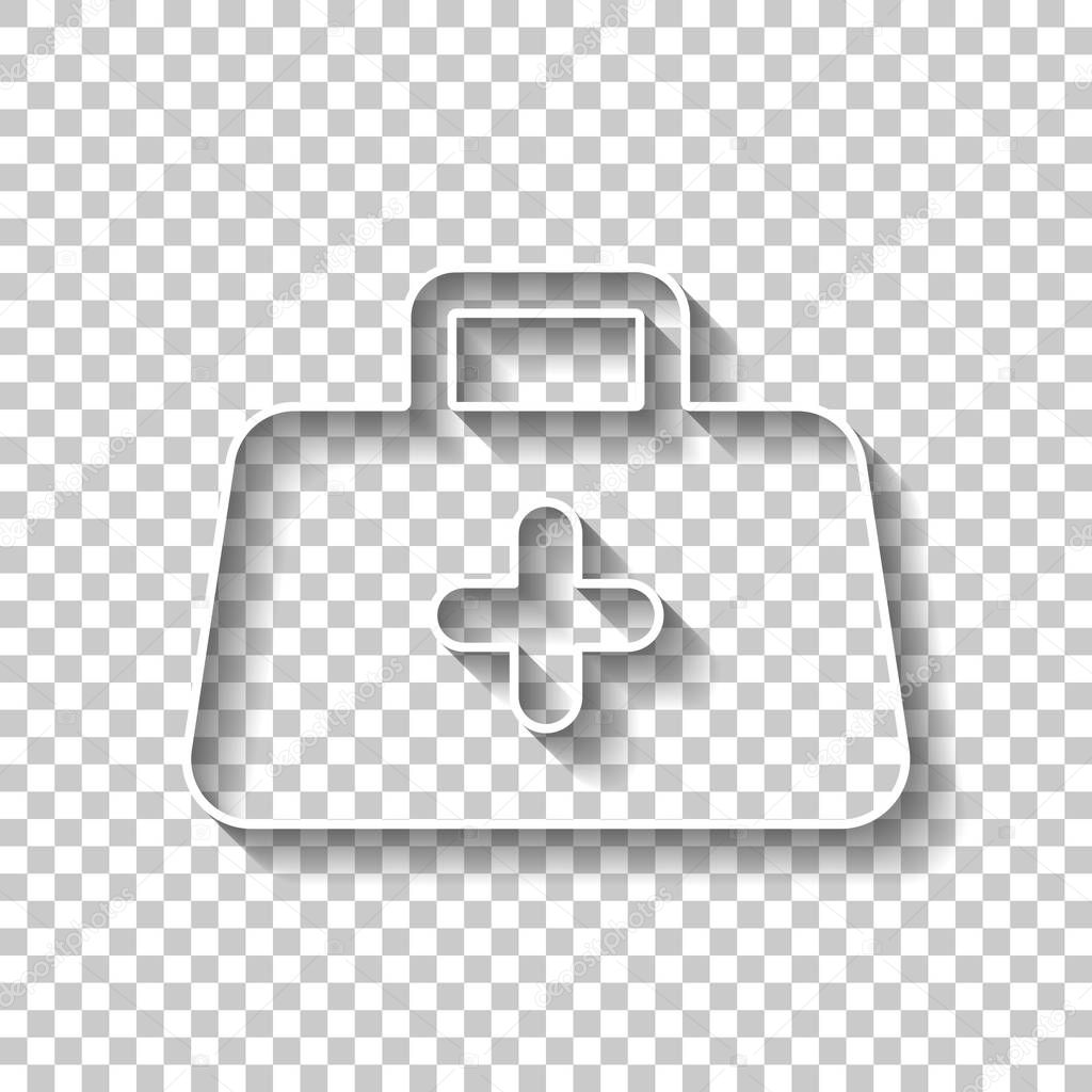 first-aid kit, simple icon. White outline sign with shadow on transparent background
