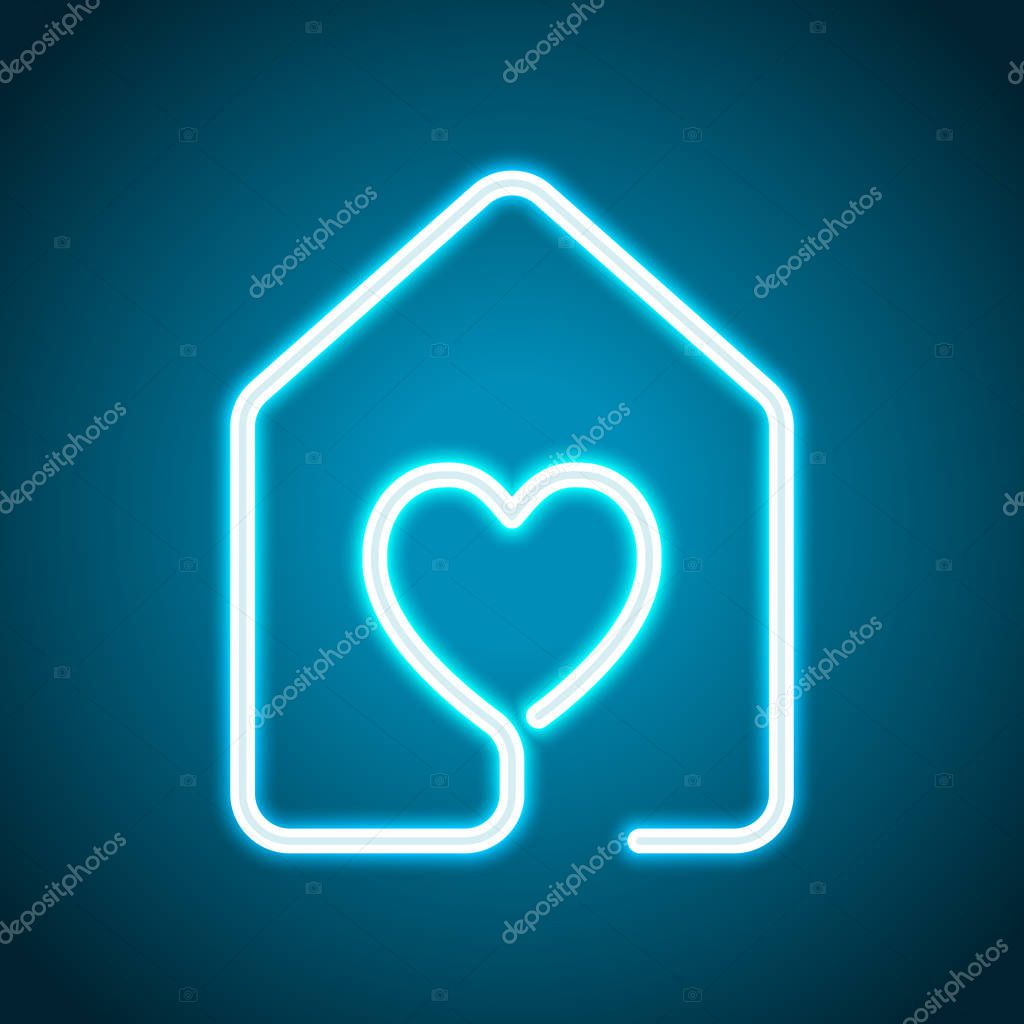 House with heart icon. line style. Neon style. Light decoration icon. Bright electric symbol