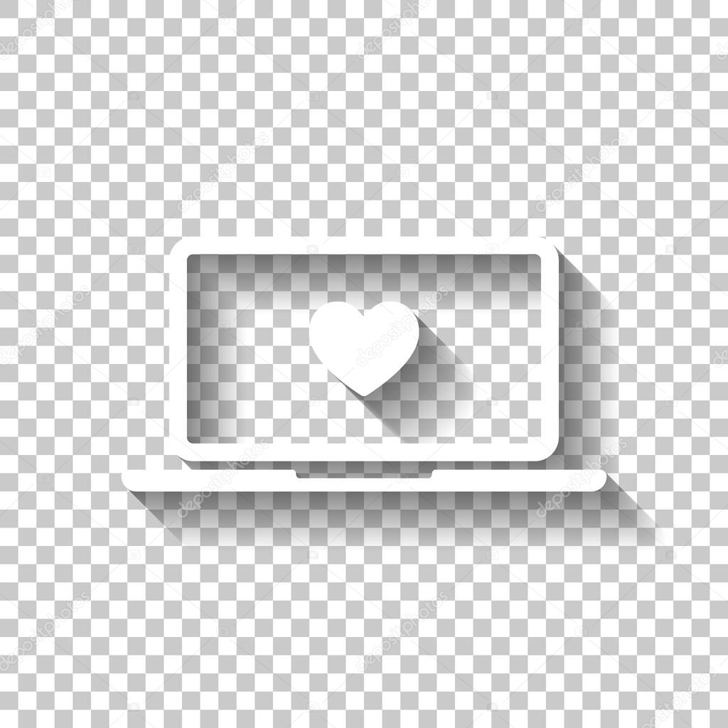 Laptop or notebook computer with heart on screen. Simple icon. White icon with shadow on transparent background