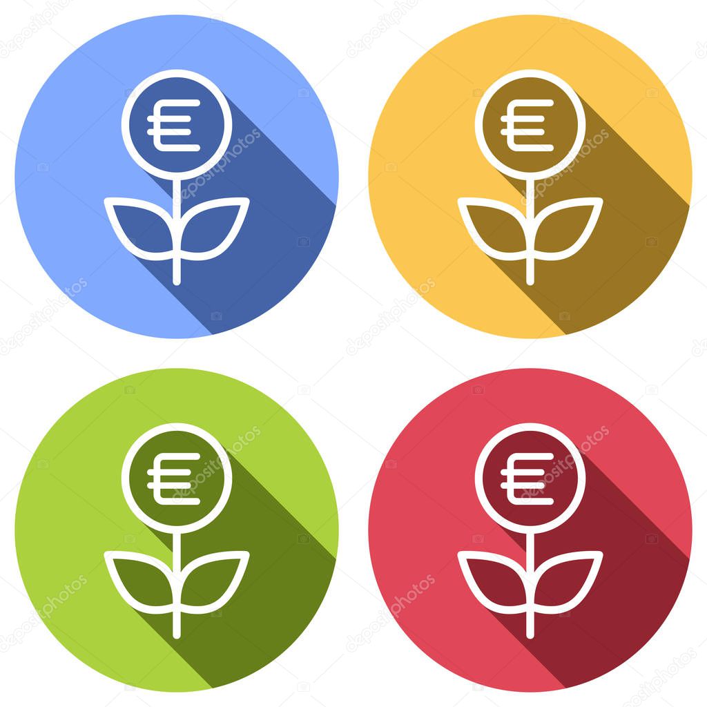 Money flower with dollar. Money tree. Linear icon with thin outline. Set of white icons with long shadow on blue, orange, green and red colored circles. Sticker style