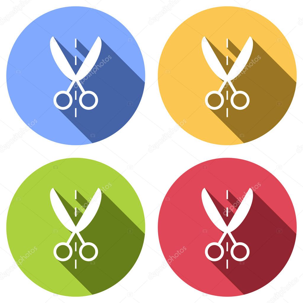 Scissor icon. Set of white icons with long shadow on blue, orange, green and red colored circles. Sticker style