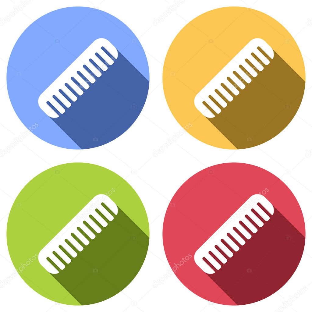 comb (hairbrush). simple silhouette. Set of white icons with long shadow on blue, orange, green and red colored circles. Sticker style