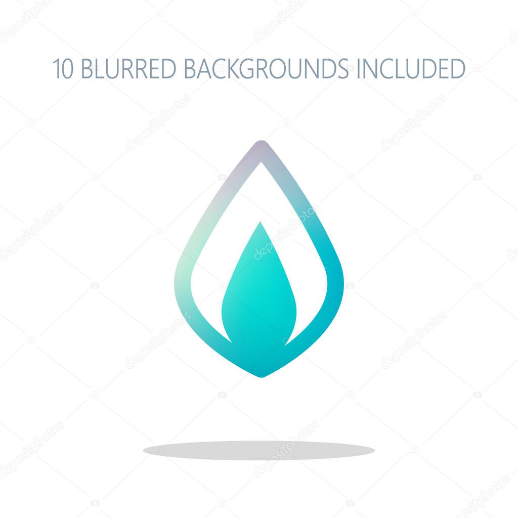 Simple fire flame icon. Colorful logo concept with simple shadow on white. 10 different blurred backgrounds included