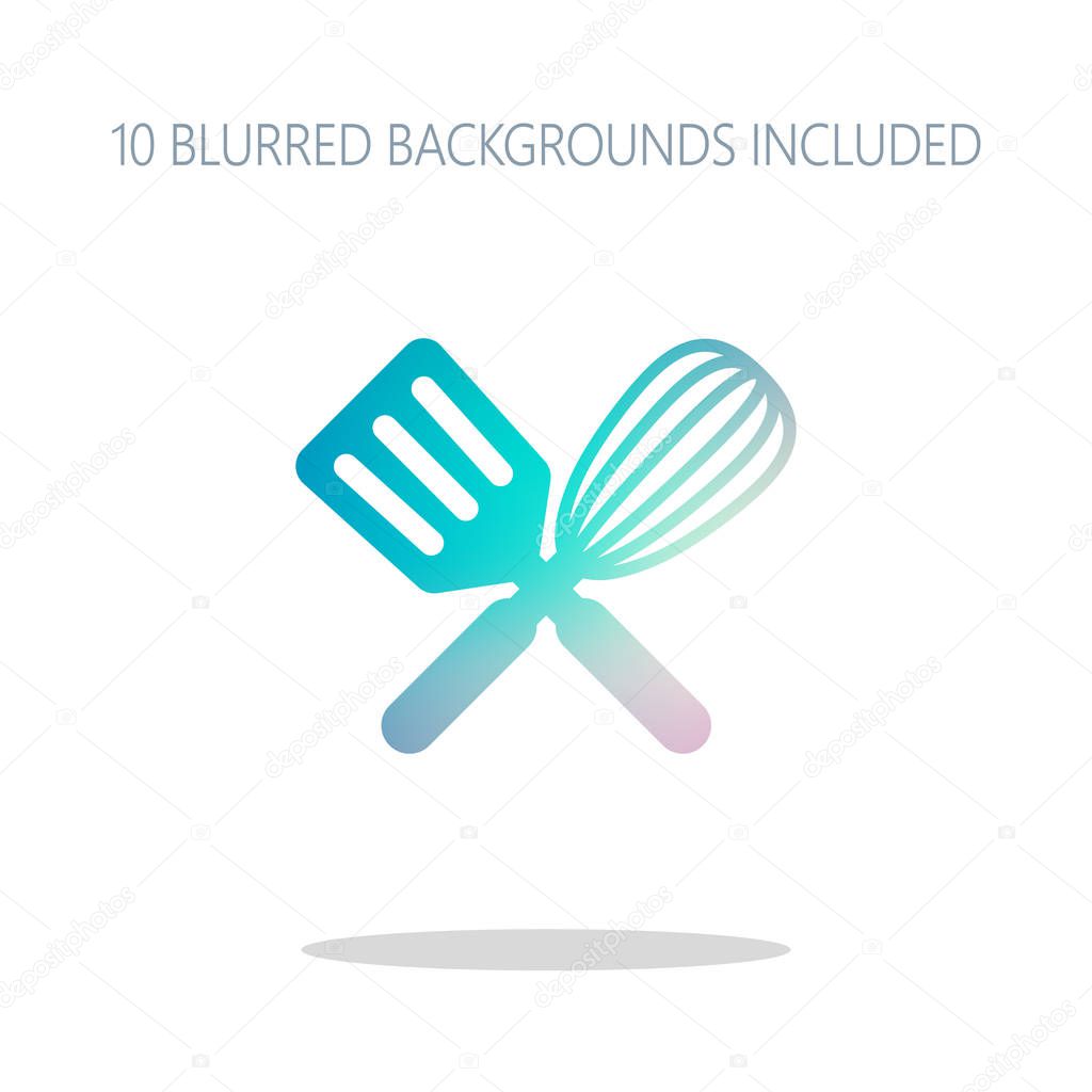 Kitchen tool icon. Whisk and spatula, criss and cross. Colorful logo concept with simple shadow on white. 10 different blurred backgrounds included