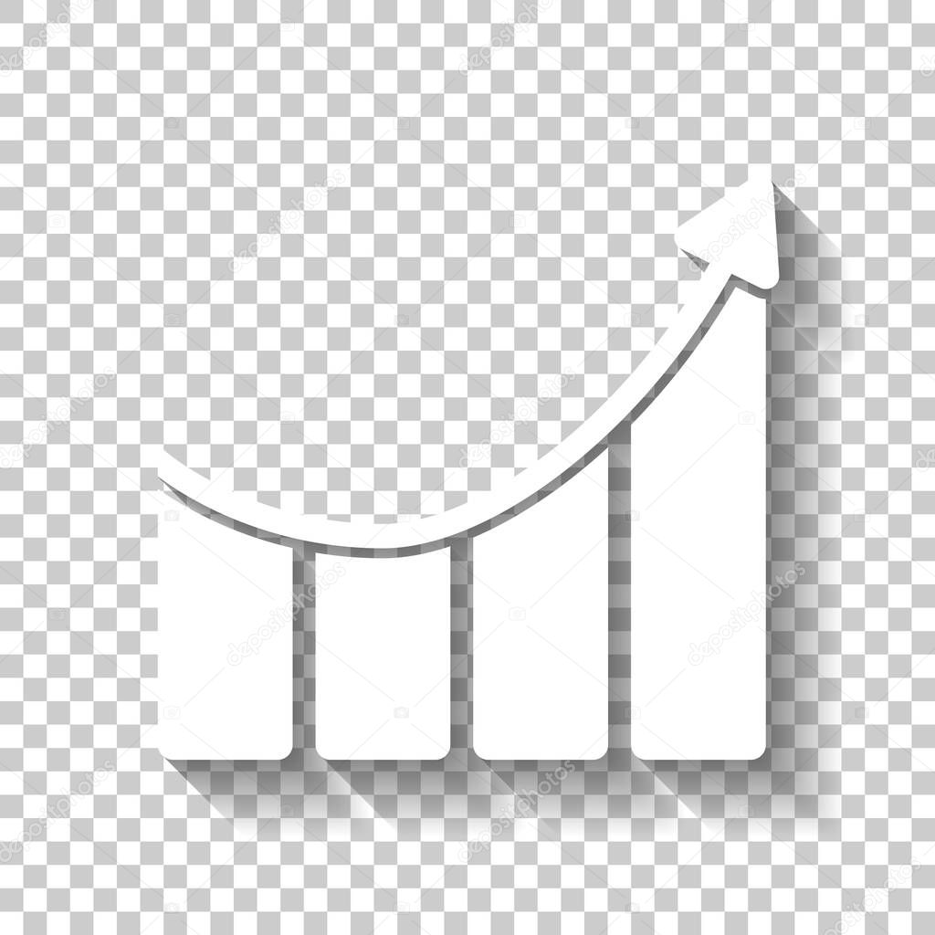 Growing bars graphic with rising arrow icon. White icon with shadow on transparent background