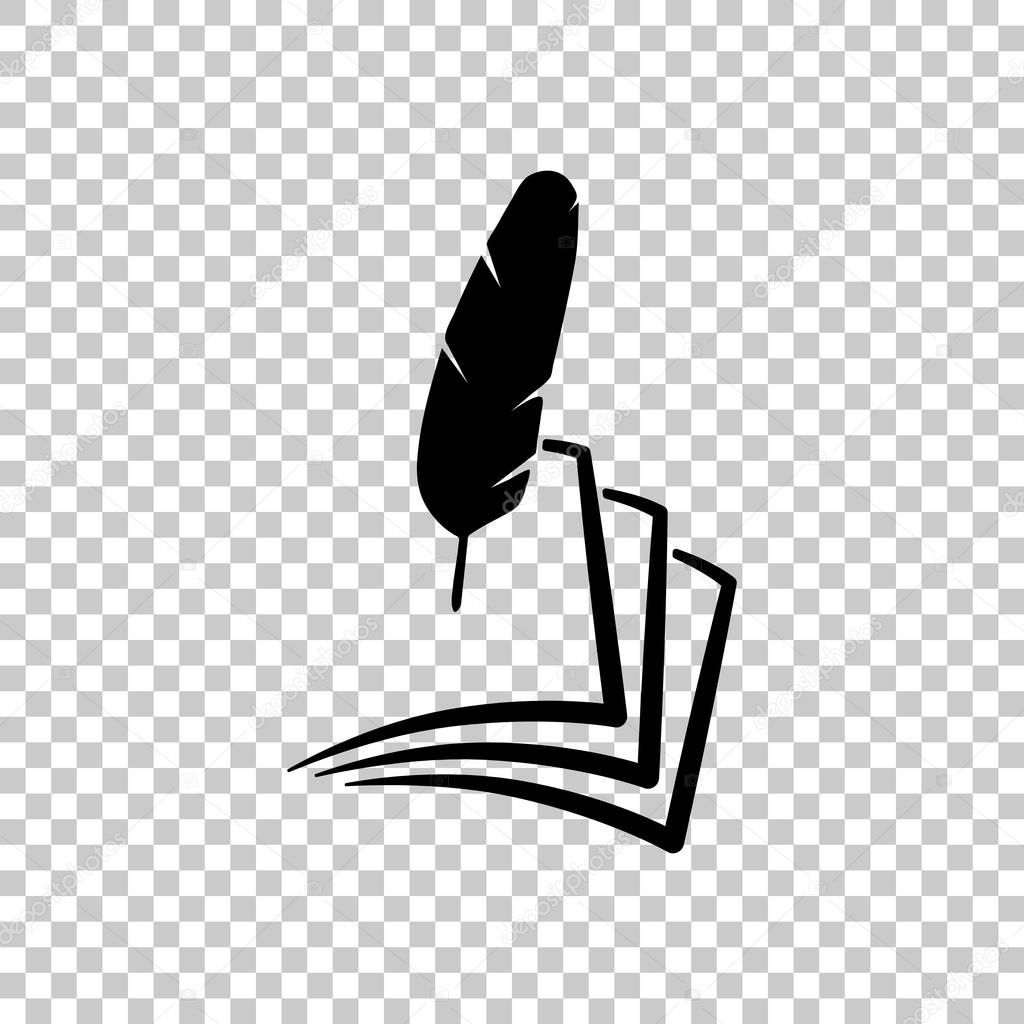 Feather and paper. simple silhouette. Black symbol on transparent background