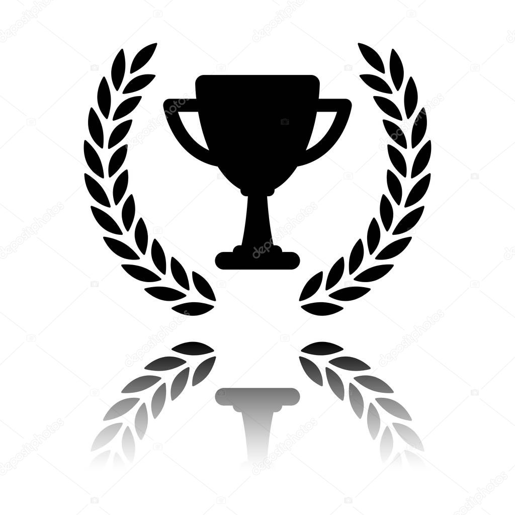 Champions cup with laurel wreath. Simple icon. Black icon with mirror reflection on white background