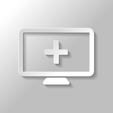 bilgisayar ve çapraz tıbbi, tıbbi bir site. basit simgesi. Kağıt tarzı ile gölge gri arka plan üzerinde