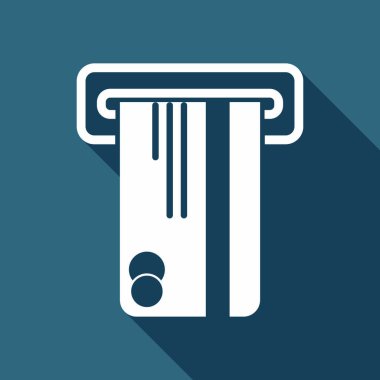 ATM makine ve kredi kartı simgesi. Uzun Gölge arka plan üzerinde beyaz düz simgesi