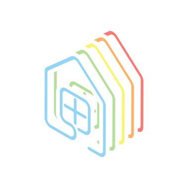 pencere simgesi olan ev. çizgi stili. Beyaz arka plan üzerinde renkli izometrik simgeler yığını