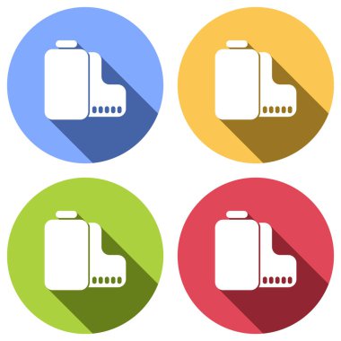 Kamera rulo simgesi. Fotoğraf veya video şeridi. Mavi, turuncu, yeşil ve kırmızı renkli daireler uzun gölge ile beyaz simgeler kümesi. Etiket tarzı