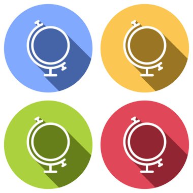 Basit dünya. Doğrusal simgesi, ince anahat. Mavi, turuncu, yeşil ve kırmızı renkli daireler uzun gölge ile beyaz simgeler kümesi. Etiket tarzı