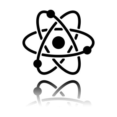 bilimsel atom sembolü, basit simgesi. Siyah beyaz arka plan ayna yansıması simgesiyle