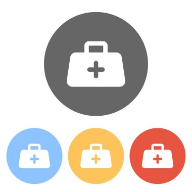 ilk yardım çantası, basit simgesi. Renkli daireler üzerinde beyaz simgeler kümesi