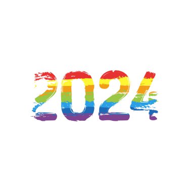 2024 sayı simgesi. Yeni Yılınız Kutlu Olsun. Çizim işaretiyle Lgbt stil, gökkuşağı (kırmızı, turuncu, sarı, yeşil, mavi, Indigo, menekşe, yedi renk