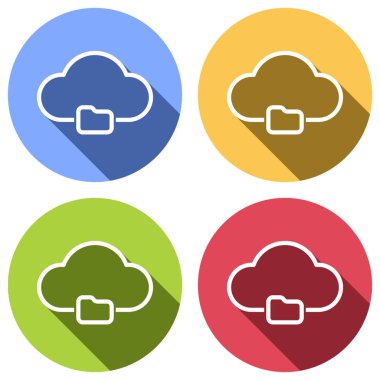 Anahat basit bulut ve klasör. Doğrusal sembolü ile ince anahat. Mavi, turuncu, yeşil ve kırmızı renkli daireler uzun gölge ile beyaz simgeler kümesi. Etiket tarzı