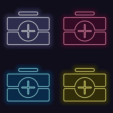 ilk yardım çantası, basit simgesi. Neon işareti kümesi. Koyu arka plan üzerinde casino tarzı. Seamless modeli
