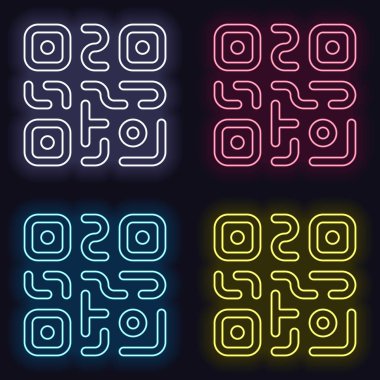 QR kodu. Teknoloji simgesi. Basit bir logo. Neon işareti kümesi. Koyu arka plan üzerinde casino tarzı. Seamless modeli