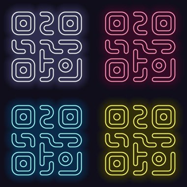 QR kodu. Teknoloji simgesi. Basit bir logo. Neon işareti kümesi. Koyu arka plan üzerinde casino tarzı. Seamless modeli