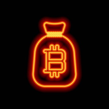 Para çantası ile bitcoin. Tam paran simgesi. Siyah arka plan üzerine portakal neon tarzı. Işık simgesi