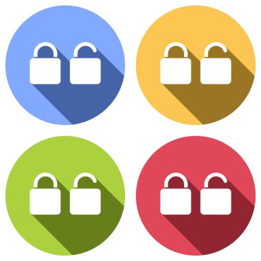 Kilitleme ve kilitlerini açma simgesi. Mavi, turuncu, yeşil ve kırmızı renkli daireler uzun gölge ile beyaz simgeler kümesi. Etiket tarzı