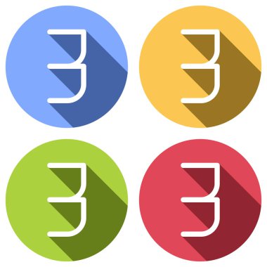 3 numara, rakamı, üç. Mavi, turuncu, yeşil ve kırmızı renkli daireler uzun gölge ile beyaz simgeler kümesi. Etiket tarzı