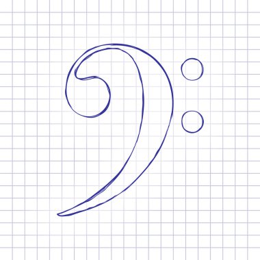 Bas nota anahtarı simgesi. Elle çizilmiş resim kağıt sayfası. Mavi mürekkep, anahat kroki tarzı. Damalı zemin üzerine doodle