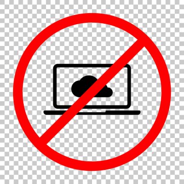Bulut teknolojisi, bilgisayar yazılımı. Laptop ve bulut. Siyah kırmızı uyarı işareti şeffaf arka plan ile nesnesinde izin yok