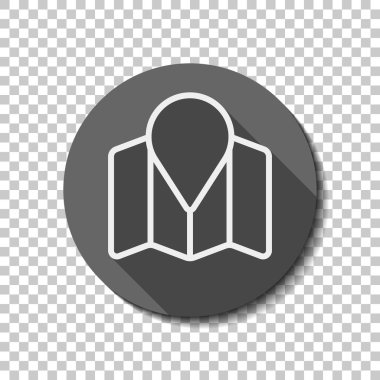 İşaretçi simgesi basit harita. Doğrusal sembolü ile ince anahat. Saydam arka plan üzerinde bir dairede uzun gölge beyaz düz simgesi. Rozet veya etiket stili