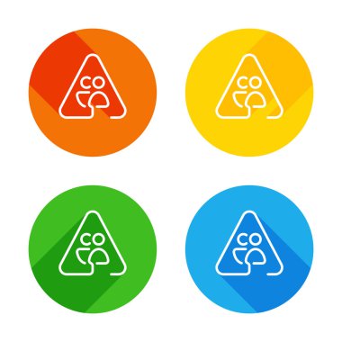 Erkek ve kadın uyarı üçgeni. Yayalar için oturum açın. İnce anahat ile doğrusal simgesi. Bir çizgi stili. Renkli daireler arka plan düz beyaz simgesi. Dört farklı uzun gölgeler her köşe