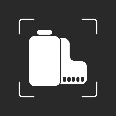 Kamera rulo simgesi. Fotoğraf veya video şeridi. Beyaz nesne kamera otomatik odaklama koyu arka plan üzerinde